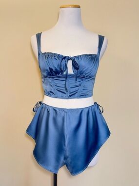 Victoria’s Secret Blue Satin Lingerie Set Corset Top Cami Shorts Sleepwear NWT